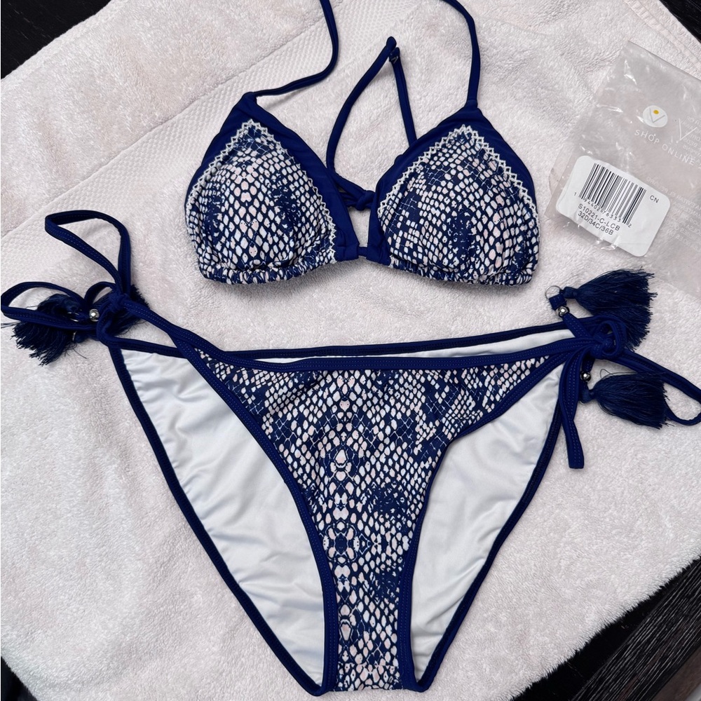 Blue & White Snake Print Triangle Bikini Set
